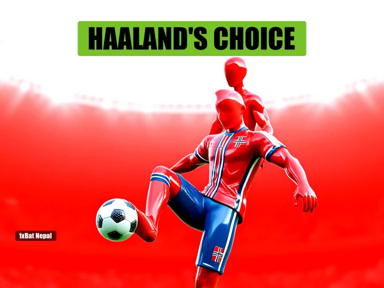Faceless red-skinned humanoid in Norway jersey striking a goal-scoring pose in a vibrant stadium