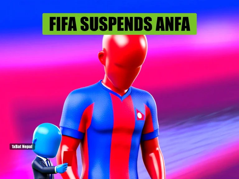 Faceless red-skinned Nepal football player with head bowed, facing a blue-skinned FIFA official holding a red card, symbolizing FIFA suspension of ANFA