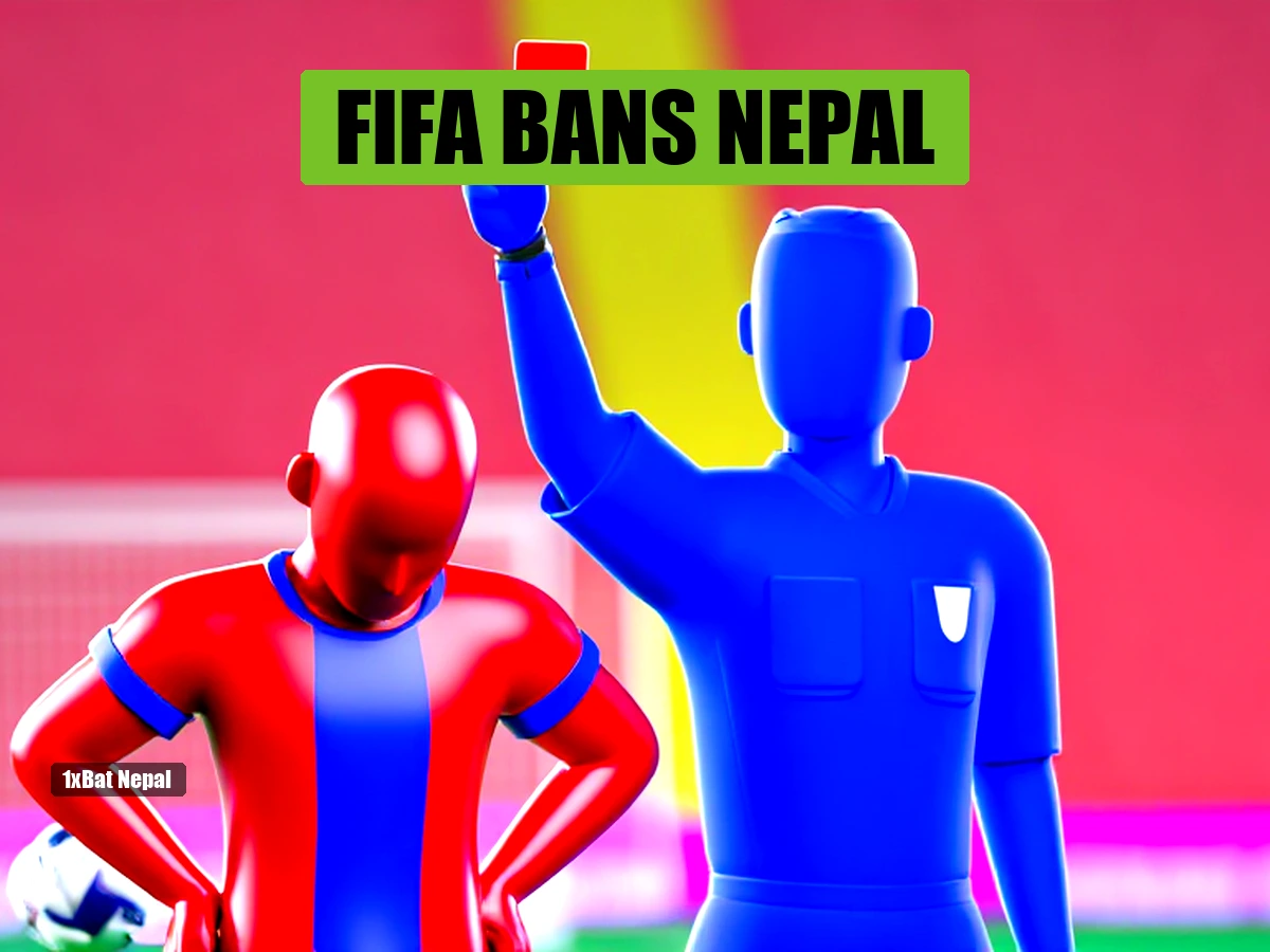 Faceless red-skinned Nepal football player in red and blue jersey stands dejectedly with football at feet, while blue-skinned FIFA official holds red card in vibrant stadium background.