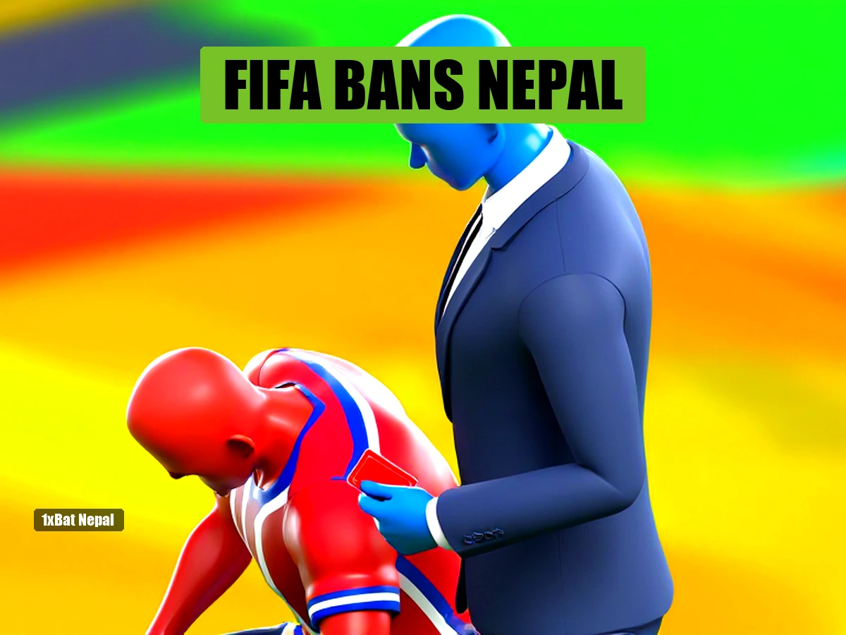 Faceless red-skinned Nepal footballer kneeling in despair as faceless blue-skinned FIFA official holds red card, symbolizing FIFA suspension of ANFA