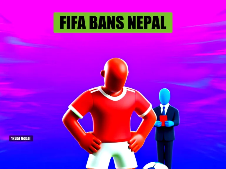 Faceless red-skinned Nepal football player standing dejectedly with football at feet, blue-skinned FIFA official holding red card in stadium background