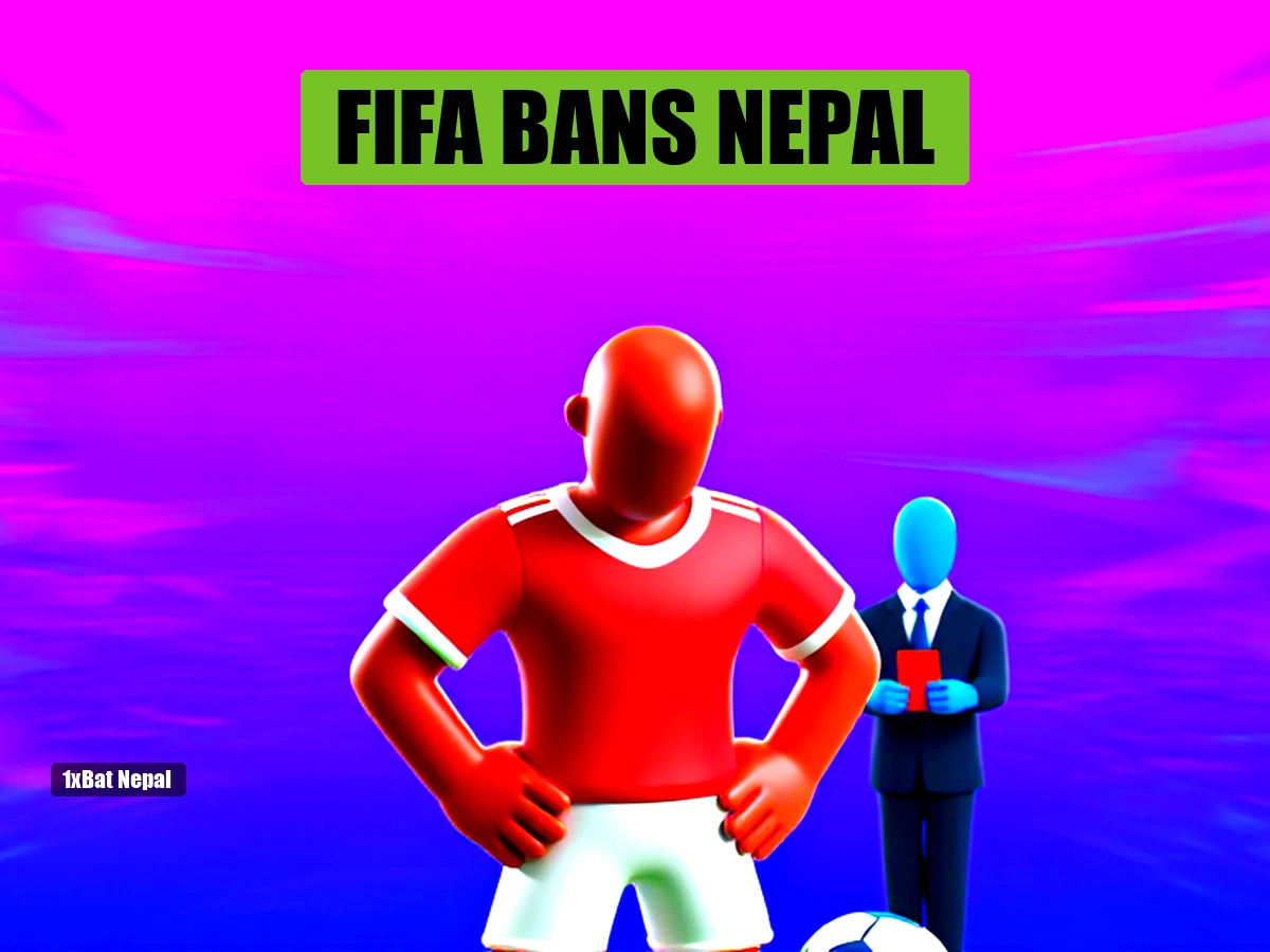 Faceless red-skinned Nepal football player standing dejectedly with football at feet, blue-skinned FIFA official holding red card in stadium background