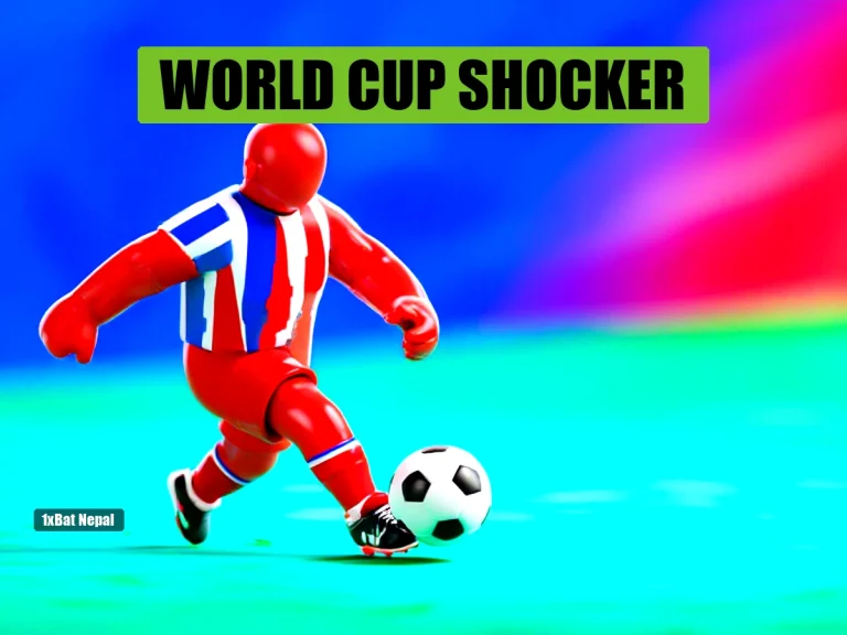 Faceless red-skinned humanoid in France blue jersey kicking a soccer ball in a vibrant stadium, World Cup feature image