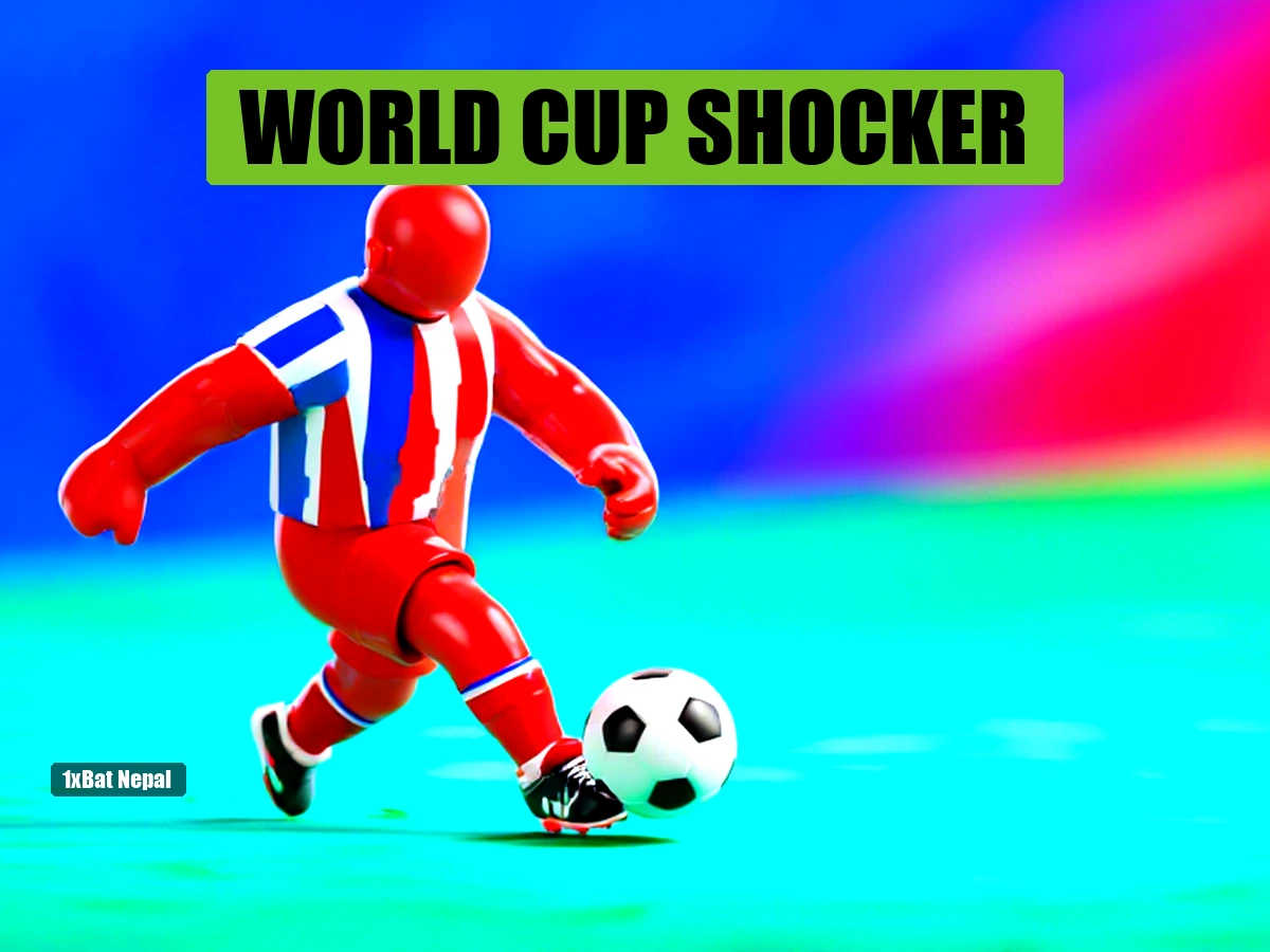 Faceless red-skinned humanoid in France blue jersey kicking a soccer ball in a vibrant stadium, World Cup feature image