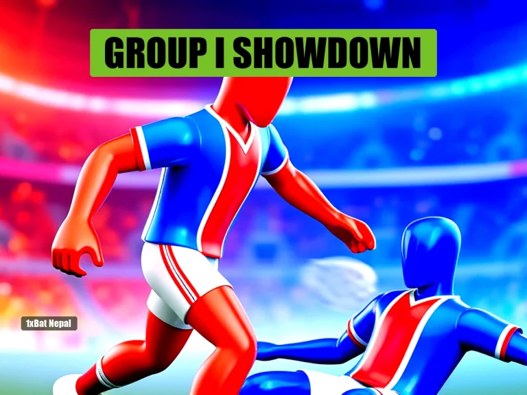 Faceless red-skinned France player dribbling past faceless blue-skinned Norway player in World Cup Group I match at stadium