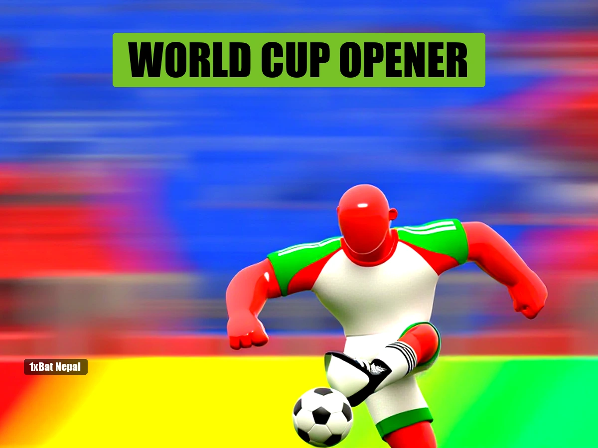 Faceless red-skinned Iran football player in white and green striped jersey kicking a football against a faceless blue-skinned New Zealand player in all-white kit at a vibrant stadium during World Cup opener.
