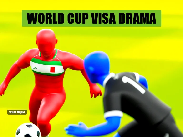 Faceless red-skinned Iran footballer dribbling past faceless blue-skinned New Zealand defender in a World Cup match at a vibrant stadium.
