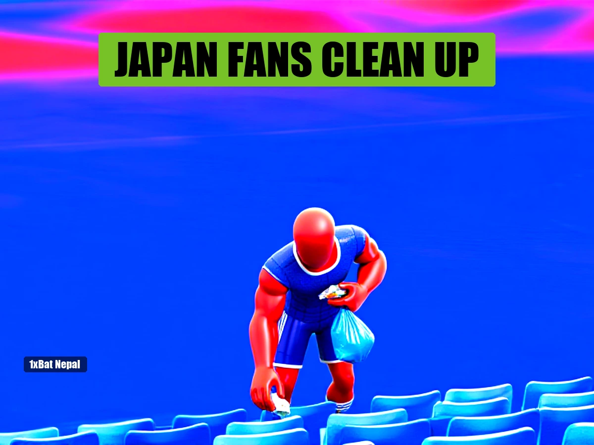 Faceless red-skinned Japan fan in blue jersey cleaning stadium after World Cup match