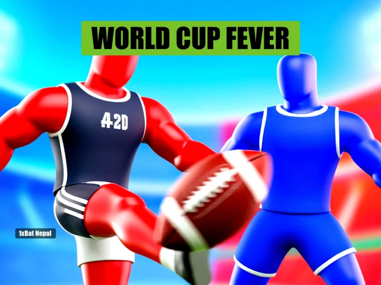 Faceless red-skinned football player kicking ball in stadium with blue opponent, World Cup fever in Kathmandu