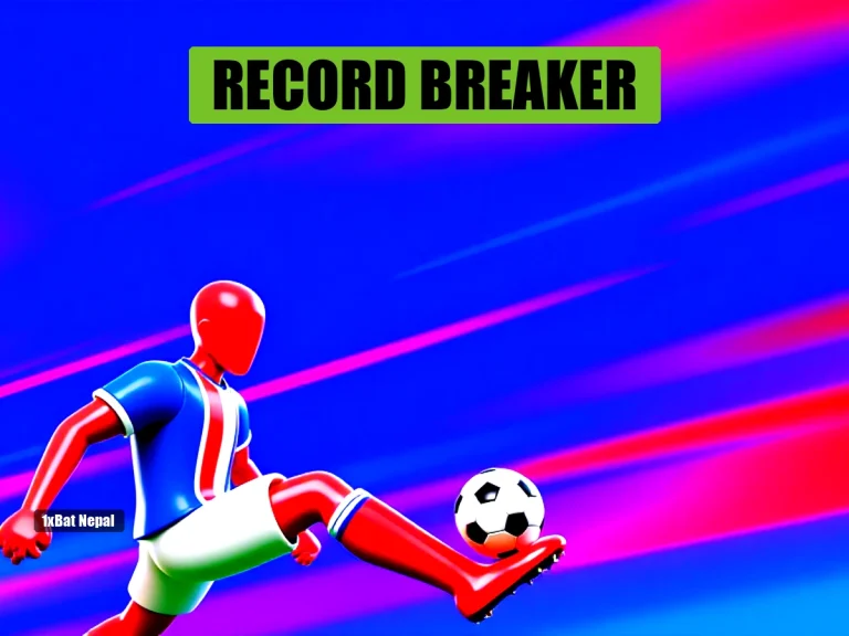Faceless red-skinned humanoid in France jersey kicking a soccer ball in a vibrant stadium, representing Kylian Mbappe's record-breaking performance.