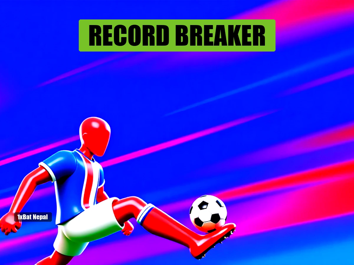 Faceless red-skinned humanoid in France jersey kicking a soccer ball in a vibrant stadium, representing Kylian Mbappe's record-breaking performance.