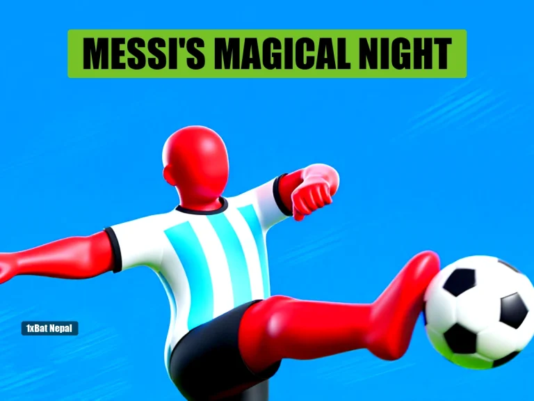 Faceless red-skinned humanoid in Argentina striped jersey kicking a football in a vibrant stadium, representing Lionel Messi's hat-trick and 100th international goal.