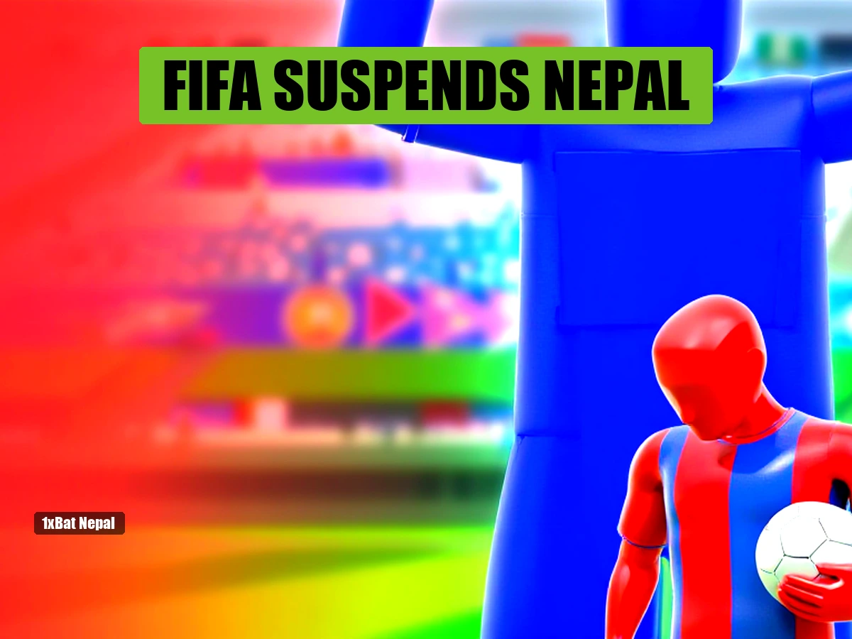 Faceless red-skinned Nepal football player holding ball with defeated posture, blue-skinned FIFA official holding suspension notice, stadium background