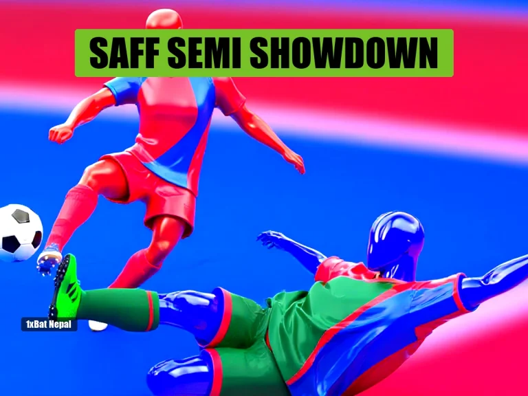 Faceless red-skinned Nepal women's football player kicking ball while blue-skinned Bangladesh player slides in tackle, SAFF Championship semi-final