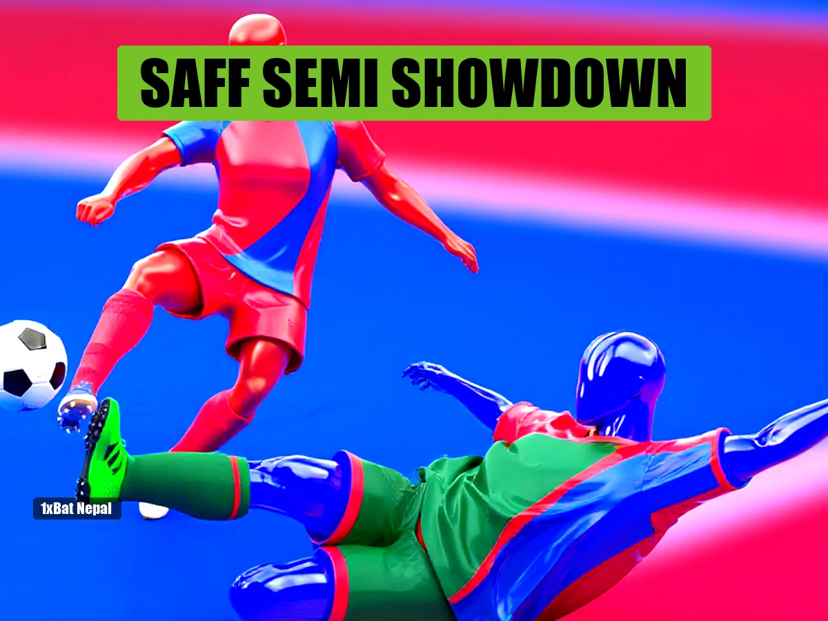 Faceless red-skinned Nepal women's football player kicking ball while blue-skinned Bangladesh player slides in tackle, SAFF Championship semi-final