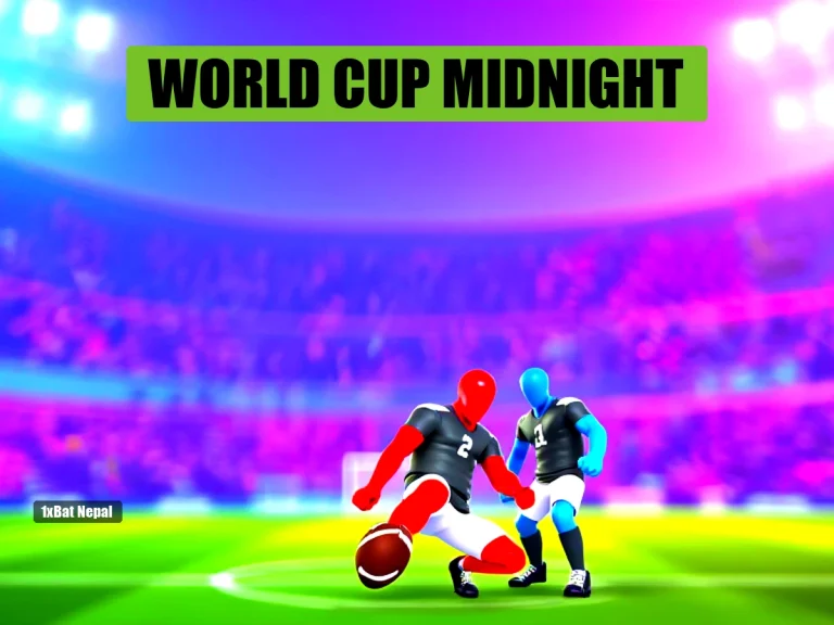 Faceless red-skinned humanoid football player in dark jersey kicking a ball in a vibrant stadium, representing Nepal World Cup 2026 midnight matches.
