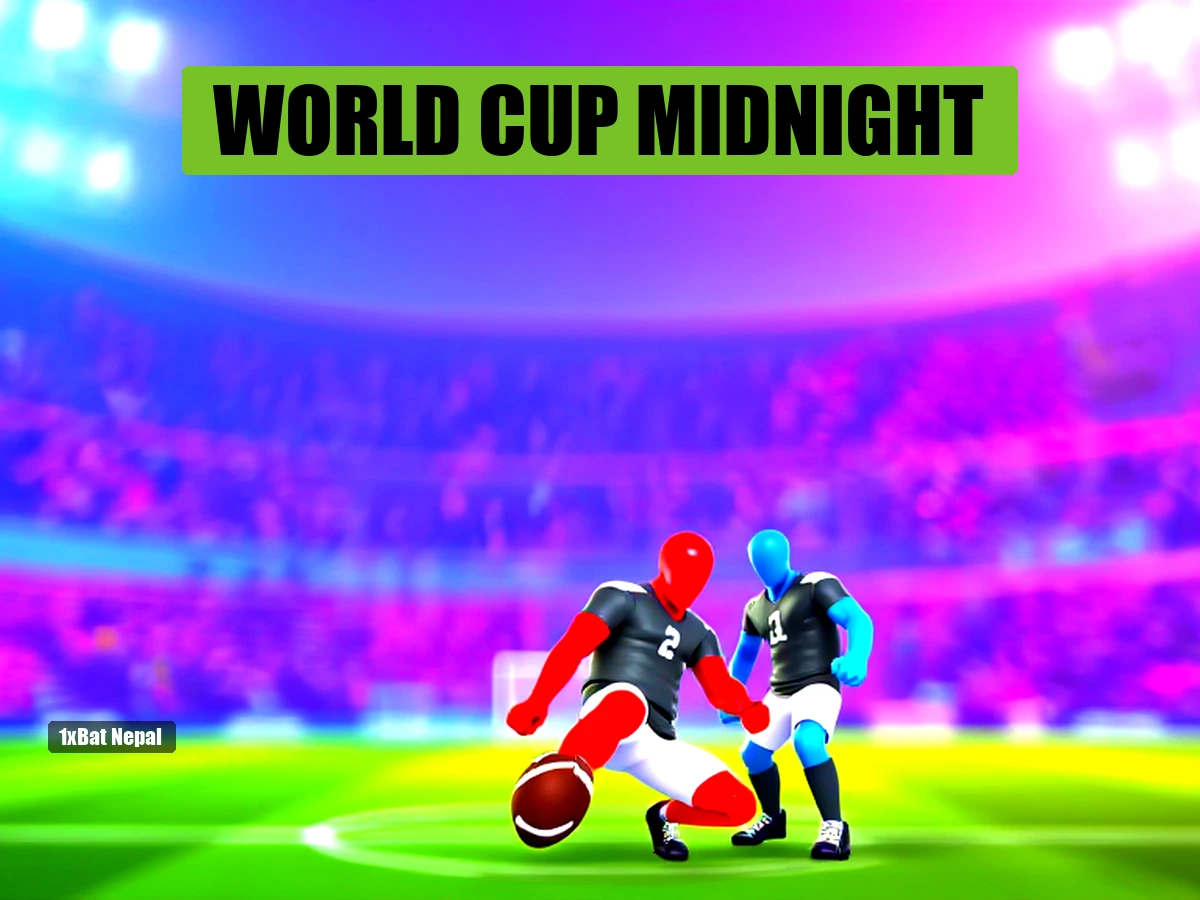 Faceless red-skinned humanoid football player in dark jersey kicking a ball in a vibrant stadium, representing Nepal World Cup 2026 midnight matches.