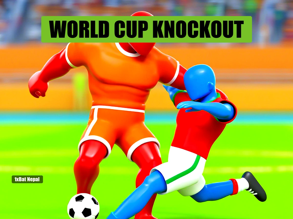Faceless red-skinned Netherlands player dribbling past faceless blue-skinned Morocco defender in a World Cup knockout match at a vibrant stadium.