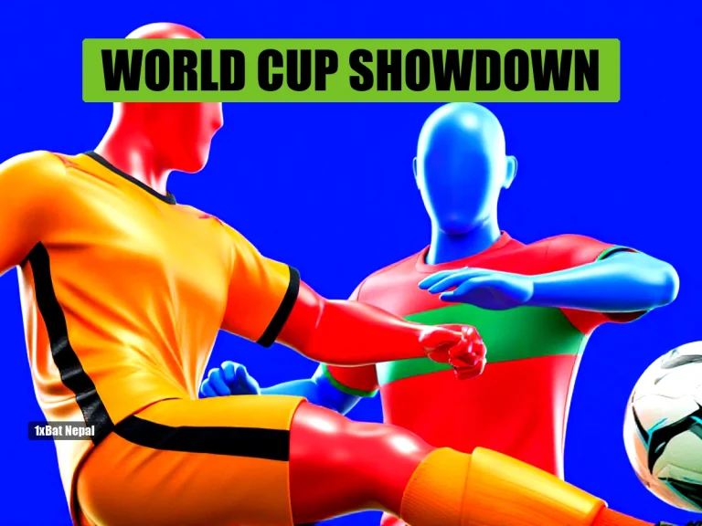 Faceless red-skinned humanoid in Netherlands orange jersey kicking a football with a blue-skinned Morocco defender in background at a vibrant World Cup stadium.