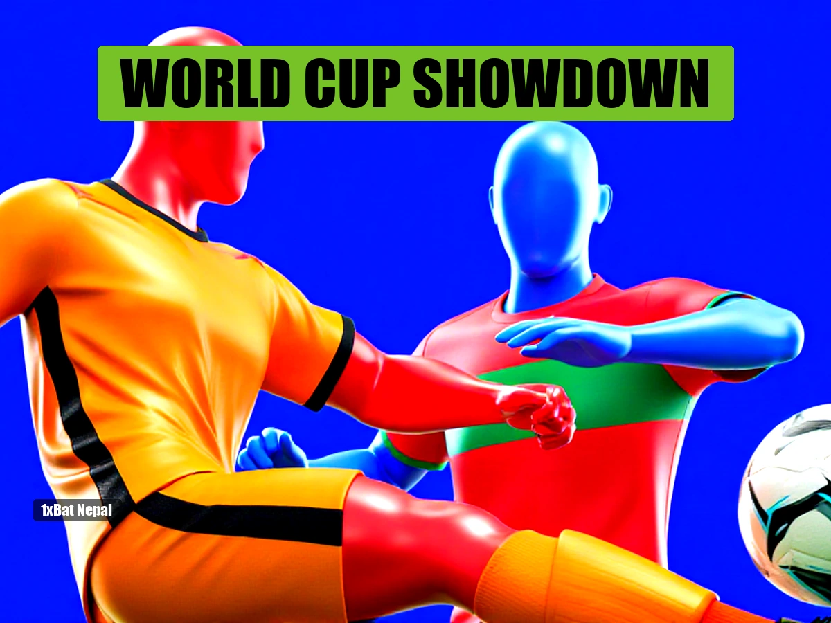 Faceless red-skinned humanoid in Netherlands orange jersey kicking a football with a blue-skinned Morocco defender in background at a vibrant World Cup stadium.