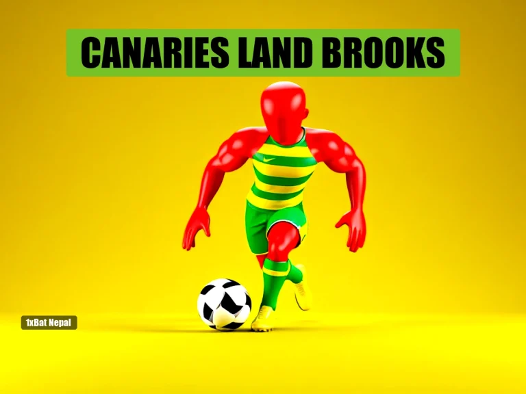 Faceless red-skinned humanoid figure wearing Norwich City yellow and green kit dribbling a football in a vibrant stadium background