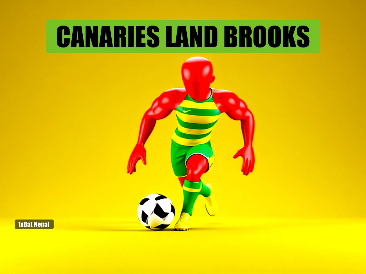 Faceless red-skinned humanoid figure wearing Norwich City yellow and green kit dribbling a football in a vibrant stadium background