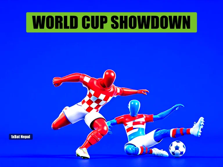 Faceless red-skinned Croatia player in red-and-white checkerboard jersey about to kick ball, with faceless blue-skinned Panama player in red-white-blue striped jersey sliding in for tackle, vibrant stadium background, World Cup 2026 Group L match preview thumbnail