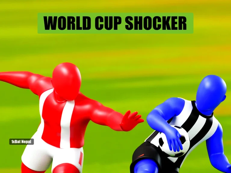 Faceless red-skinned Paraguay goalkeeper diving to save a penalty against a blue-skinned Germany player in a World Cup shootout at Gillette Stadium.