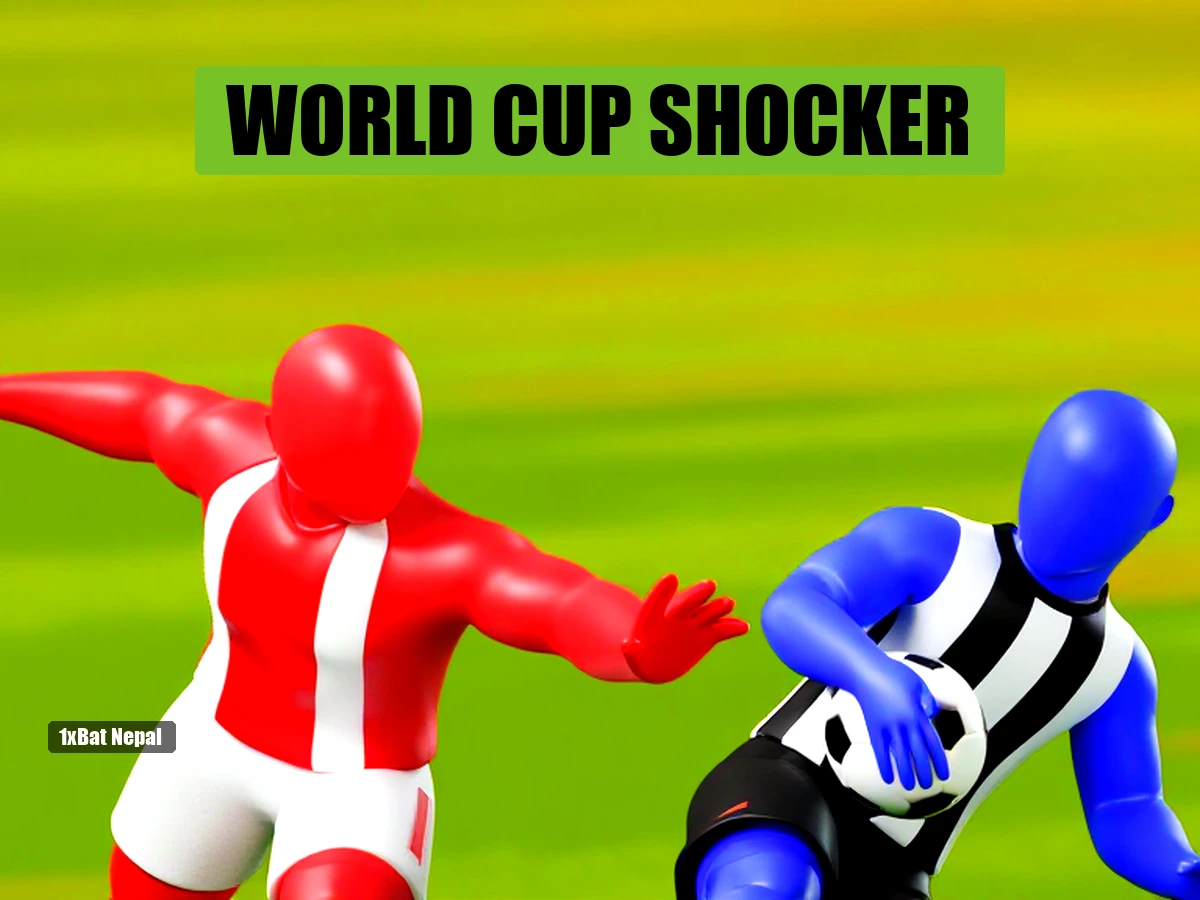 Faceless red-skinned Paraguay goalkeeper diving to save a penalty against a blue-skinned Germany player in a World Cup shootout at Gillette Stadium.