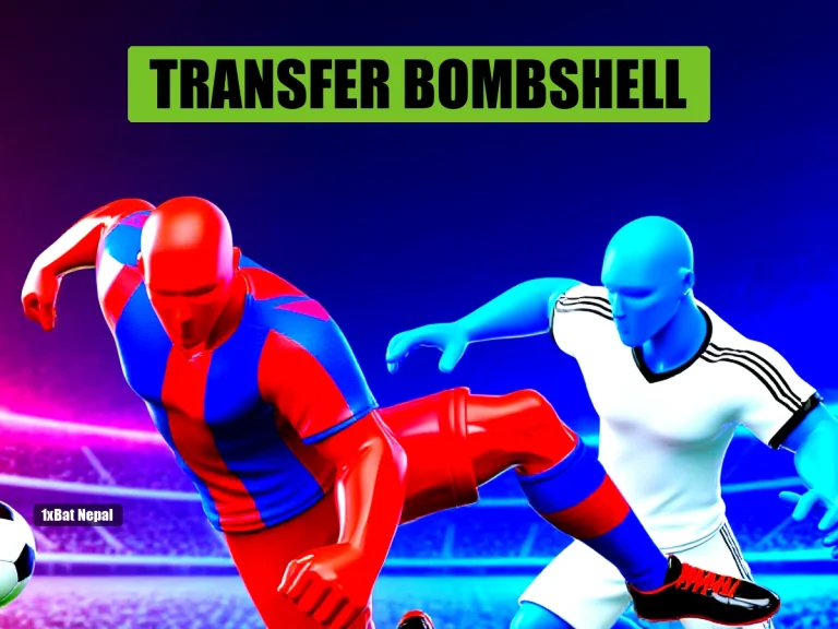 Faceless red-skinned footballer in Barcelona-style jersey dribbling past blue-skinned defender in Real Madrid-style jersey in a vibrant stadium during transfer window.