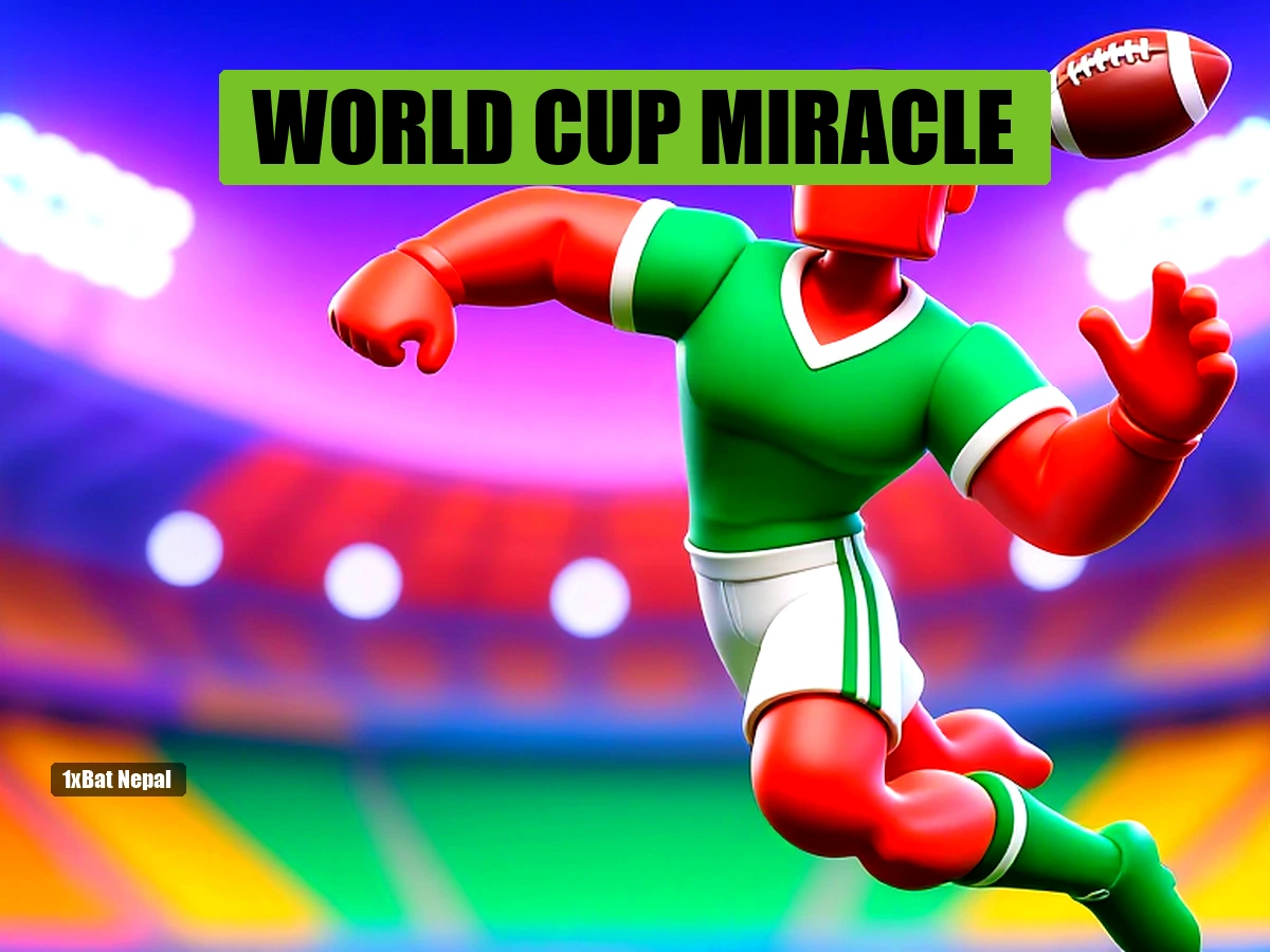 Faceless red-skinned humanoid in Mexico green jersey heading a football in a vibrant stadium, representing Raul Jimenez's World Cup goal.