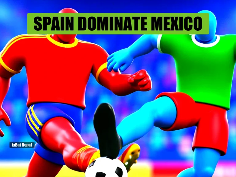 Faceless red-skinned Spain player kicking a football with faceless blue-skinned Mexico player diving in a vibrant stadium