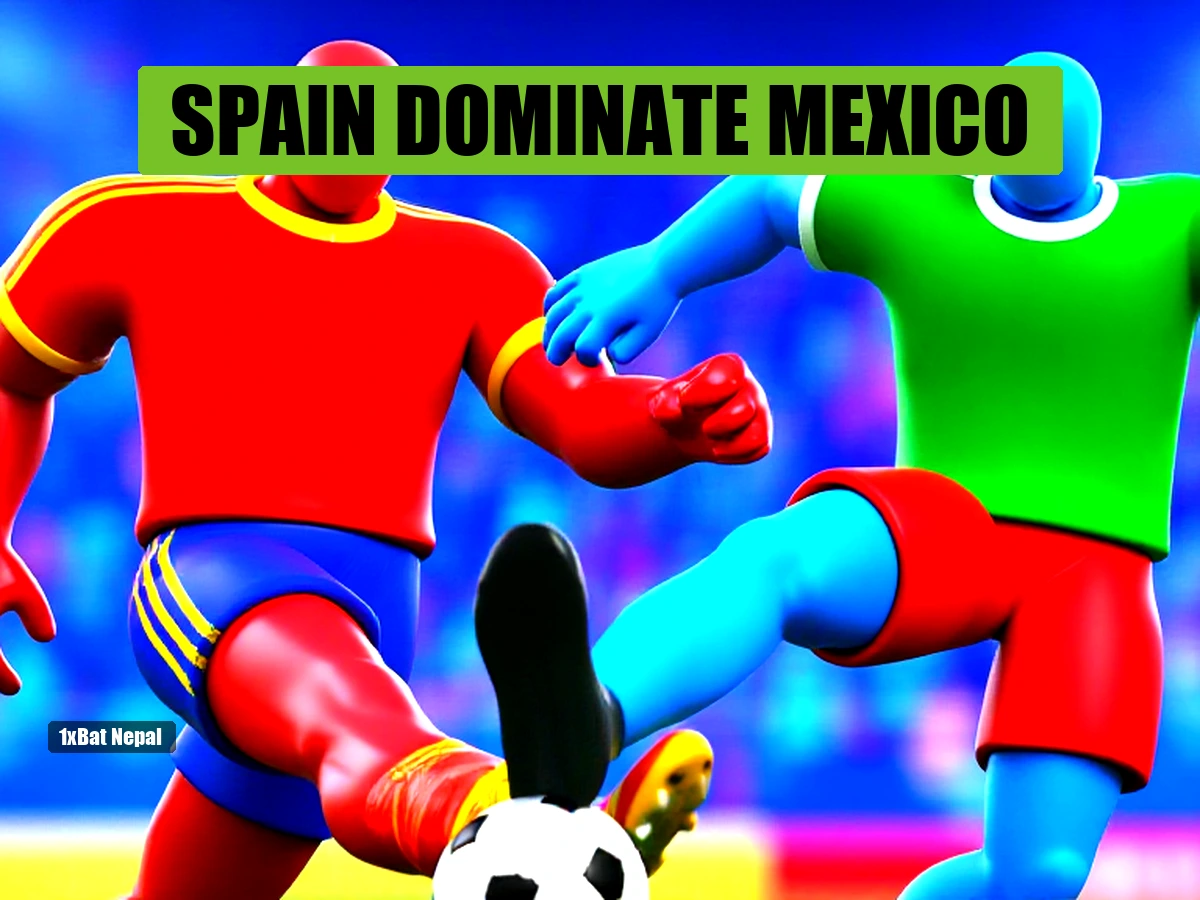 Faceless red-skinned Spain player kicking a football with faceless blue-skinned Mexico player diving in a vibrant stadium