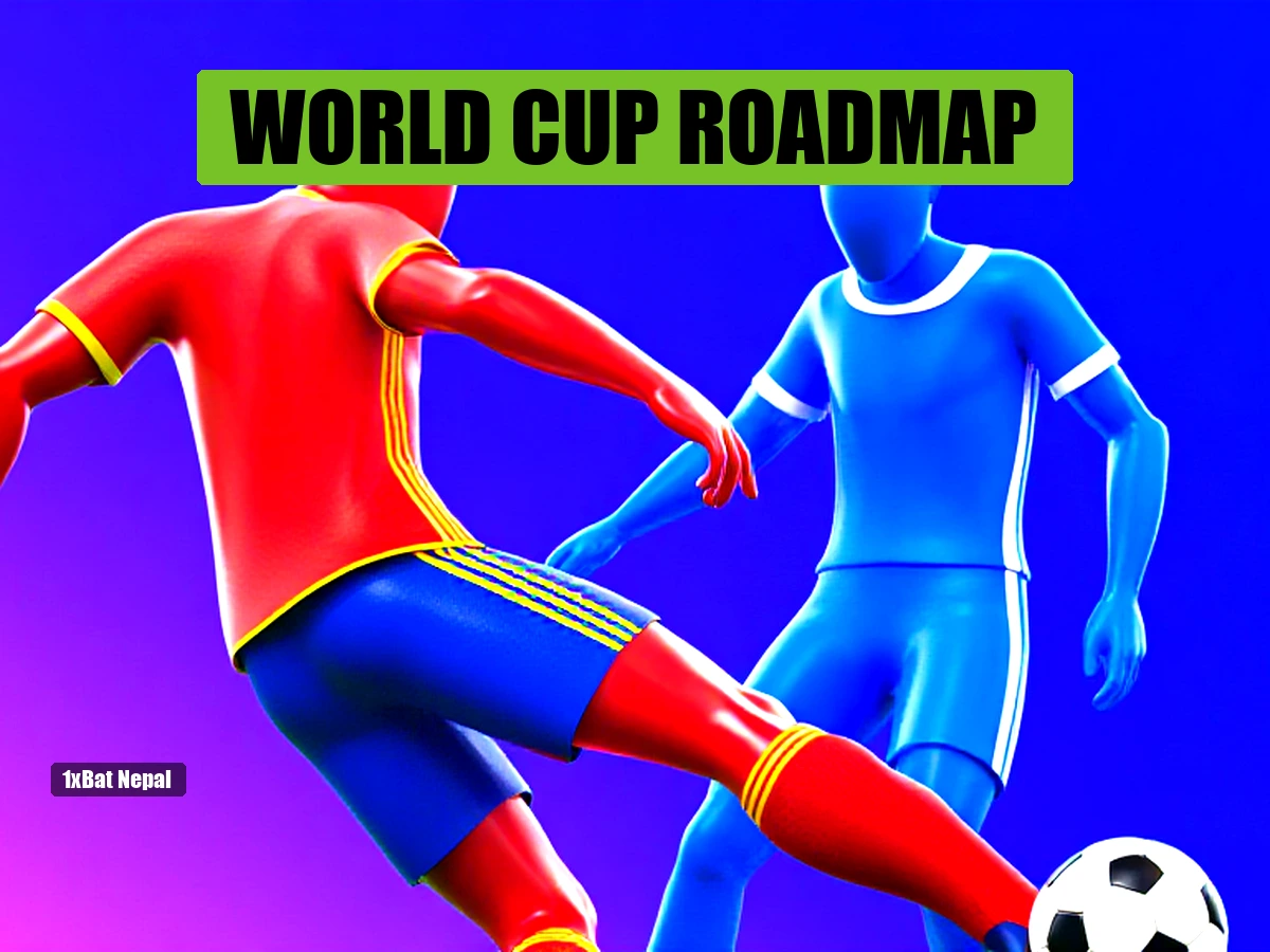 Faceless red-skinned Spain footballer kicking a ball in a World Cup match against a blue-skinned opponent in a vibrant stadium