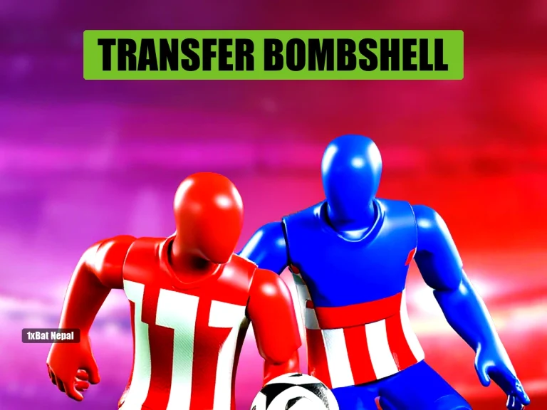 Faceless red-skinned footballer in Arsenal-style jersey dribbling past blue-skinned Atletico Madrid-style opponent in a vibrant stadium, representing transfer window speculation.