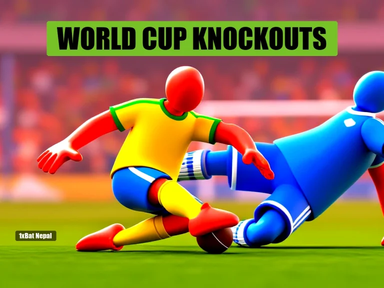 Faceless red-skinned Brazil player kicking a football while a blue-skinned Japan player slides in for a tackle in a vibrant stadium during the 2026 FIFA World Cup round of 32 match.