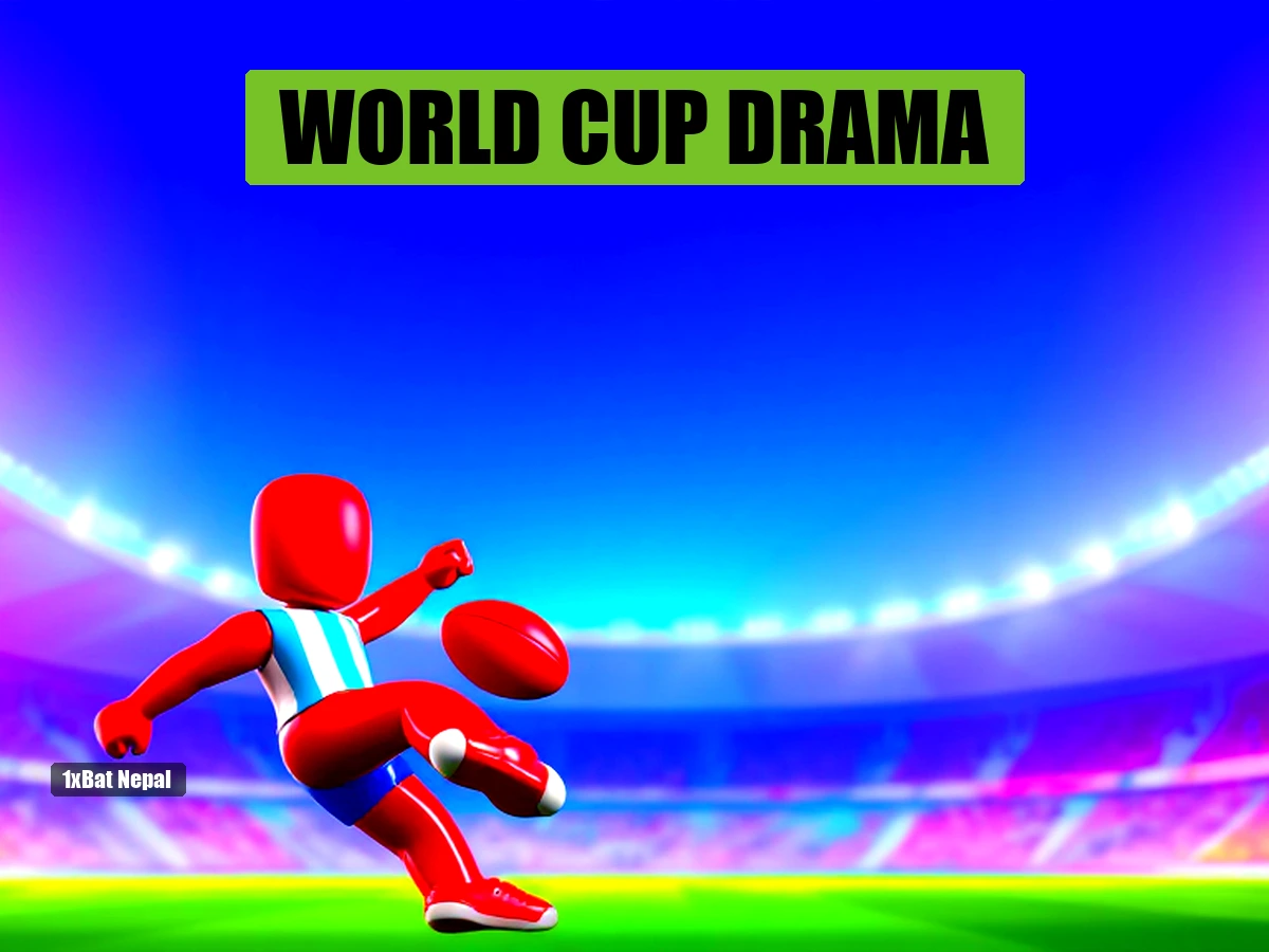Faceless red-skinned humanoid in Argentina jersey kicking a football in a vibrant stadium background for World Cup 2026 knockout stage article