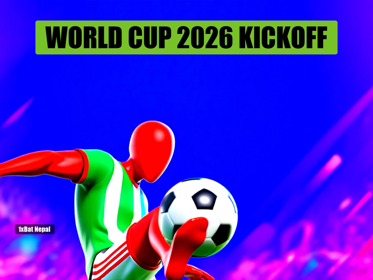 Faceless red-skinned humanoid in Mexico jersey kicking soccer ball at World Cup 2026 stadium