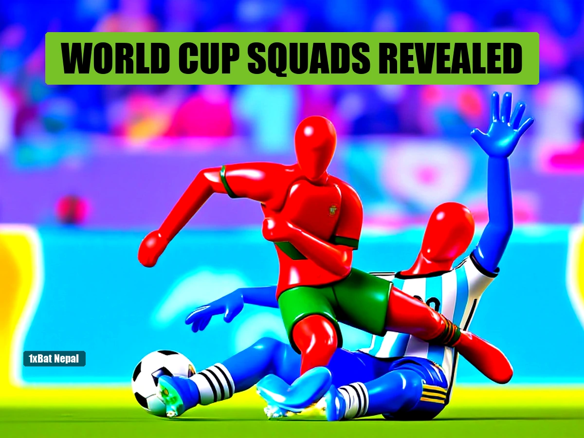 Faceless red-skinned Messi figure in Argentina jersey dribbling past faceless blue-skinned Ronaldo figure in Portugal jersey at World Cup 2026