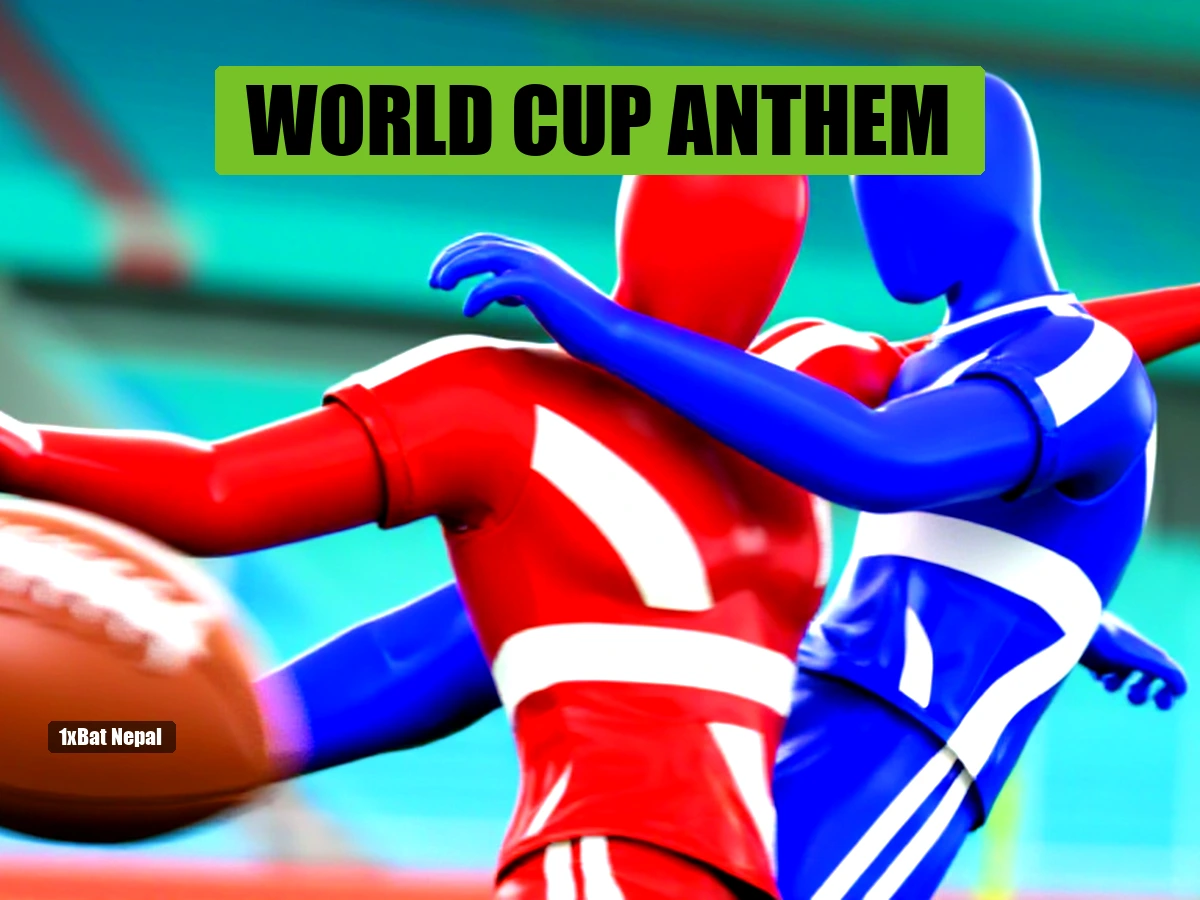 Faceless red-skinned footballer in Nepal-inspired jersey kicking a ball with blue-skinned opponent in a vibrant stadium, Xtreme Football Circus episode