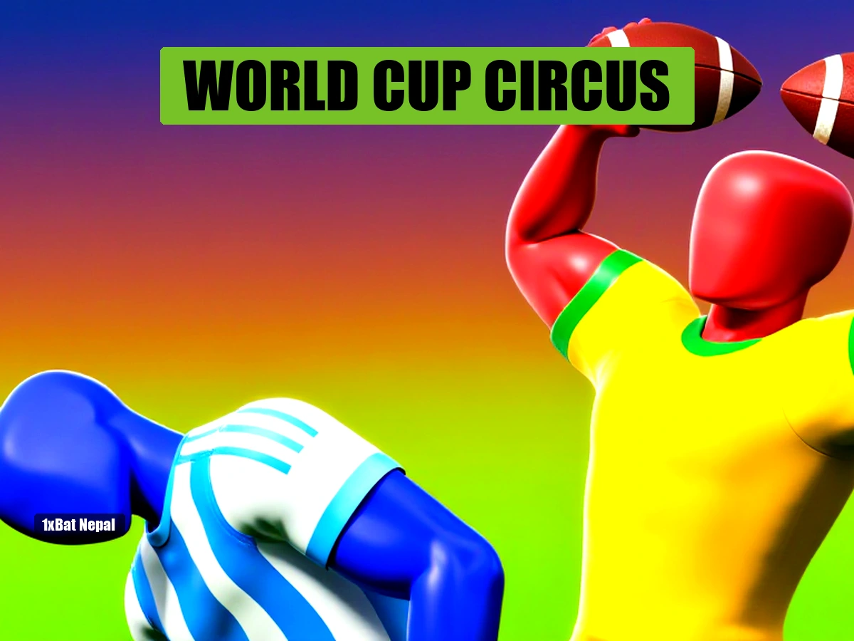 Faceless red-skinned football player celebrating with ball over defeated blue-skinned opponent in vibrant stadium