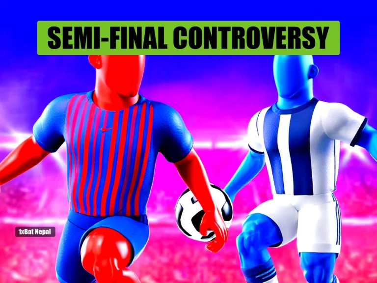 Faceless red-skinned footballer in Barcelona-style jersey dribbling past faceless blue-skinned Spain player in World Cup semi-final
