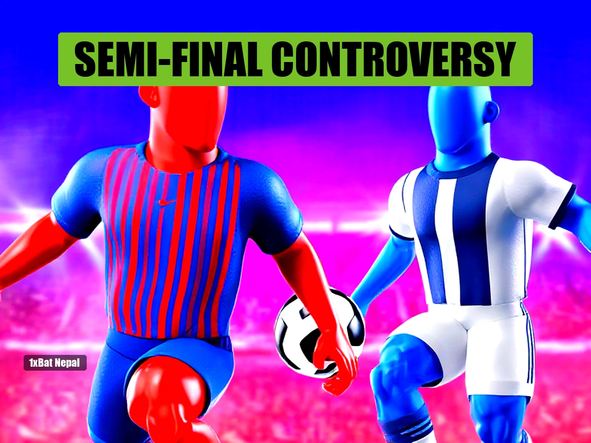 Faceless red-skinned footballer in Barcelona-style jersey dribbling past faceless blue-skinned Spain player in World Cup semi-final