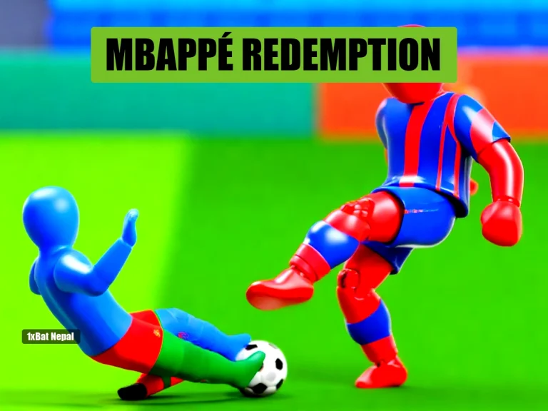 Faceless red-skinned France player kicking a football while a faceless blue-skinned Morocco goalkeeper dives to save, World Cup 2026 quarter-final scene