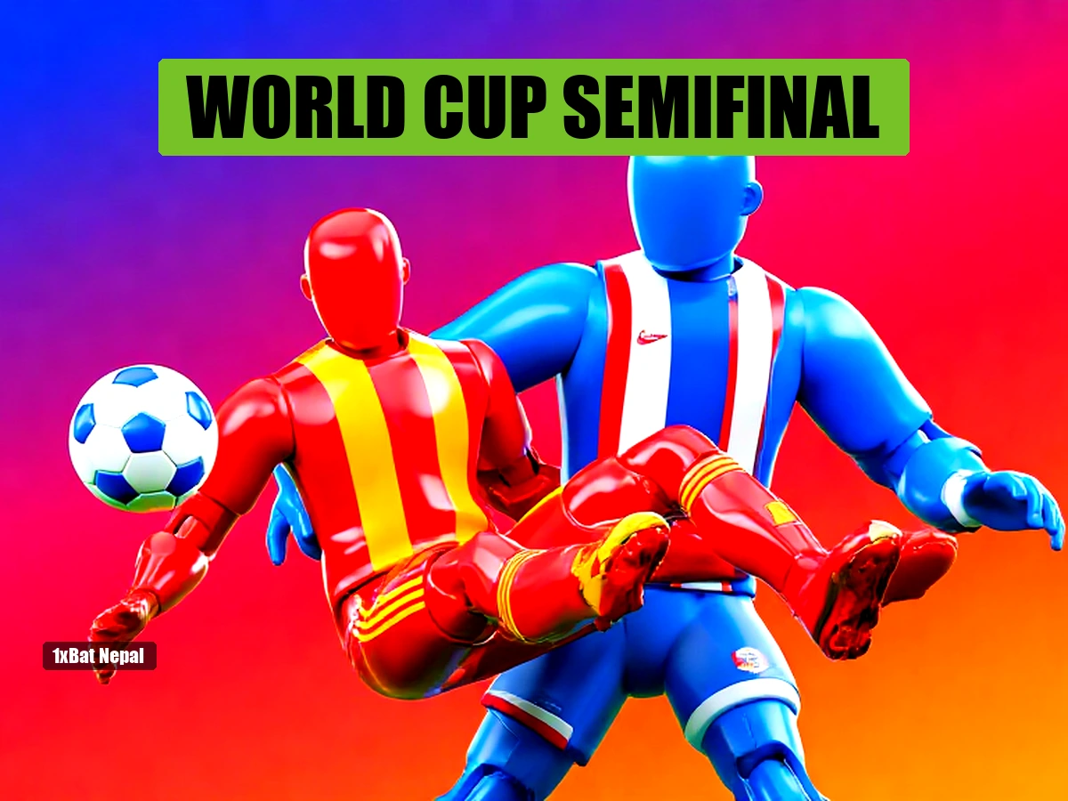 Faceless red-skinned France player dribbling past faceless blue-skinned Spain defender in World Cup semifinal at MetLife Stadium