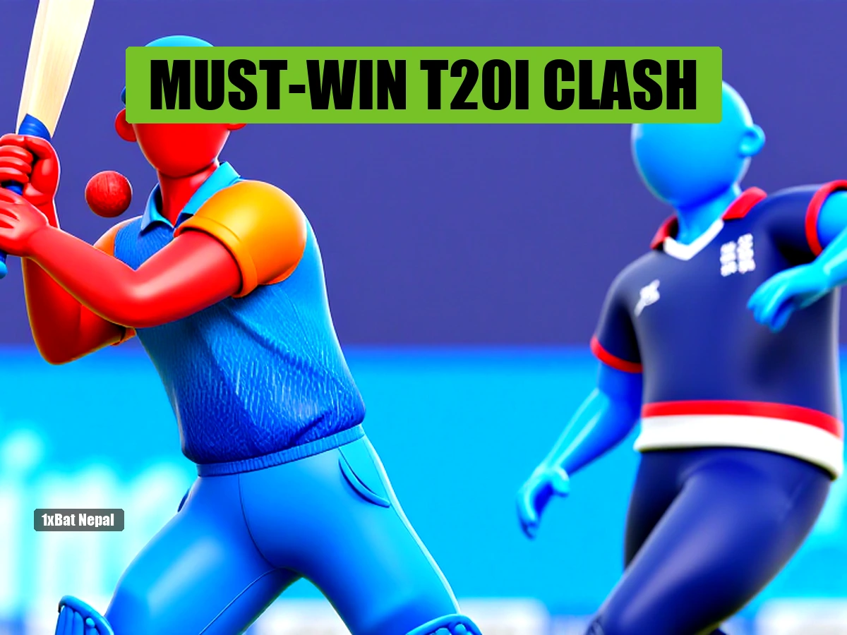 Faceless red-skinned cricketer in India kit batting against faceless blue-skinned England bowler in a stadium