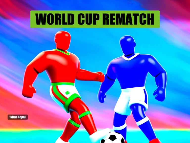 Faceless red-skinned Morocco player dribbling past faceless blue-skinned France player in World Cup 2026 quarterfinal at Gillette Stadium