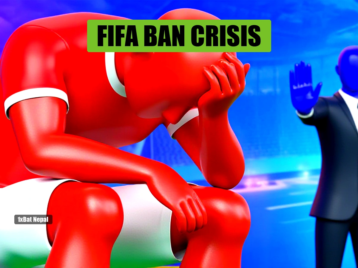 Faceless red-skinned figure in Nepal football kit sitting dejectedly on bench with blue-skinned FIFA official in background, symbolizing resignation and FIFA ban crisis.