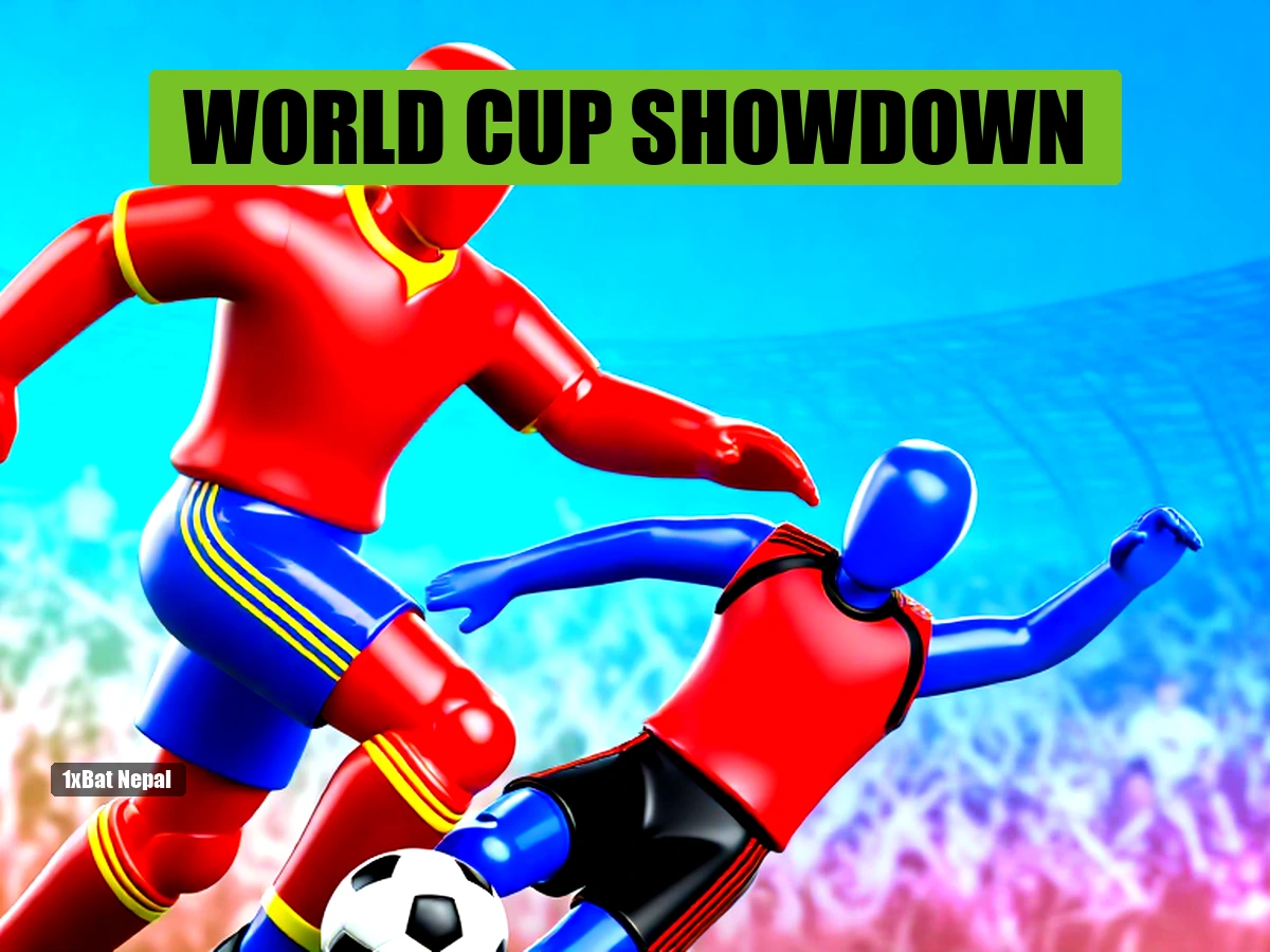 Faceless red-skinned Spain player dribbling past faceless blue-skinned Belgium defender in World Cup 2026 quarterfinal at SoFi Stadium