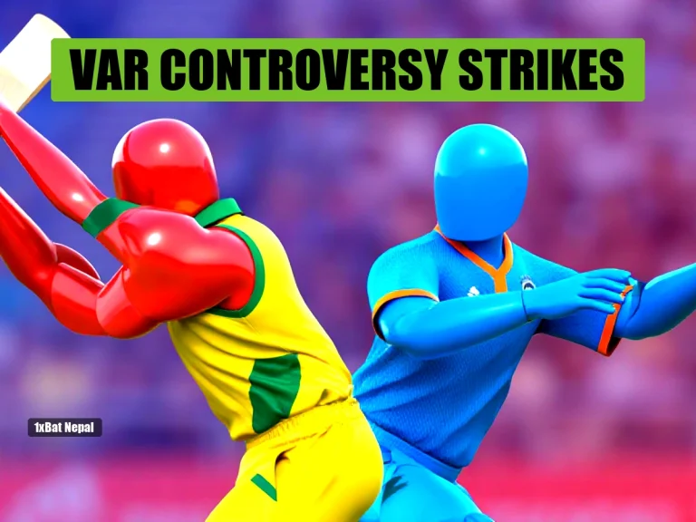 Faceless red-skinned cricket batsman in yellow and green kit mid-shot, with blue-skinned fielder diving, in a vibrant stadium.
